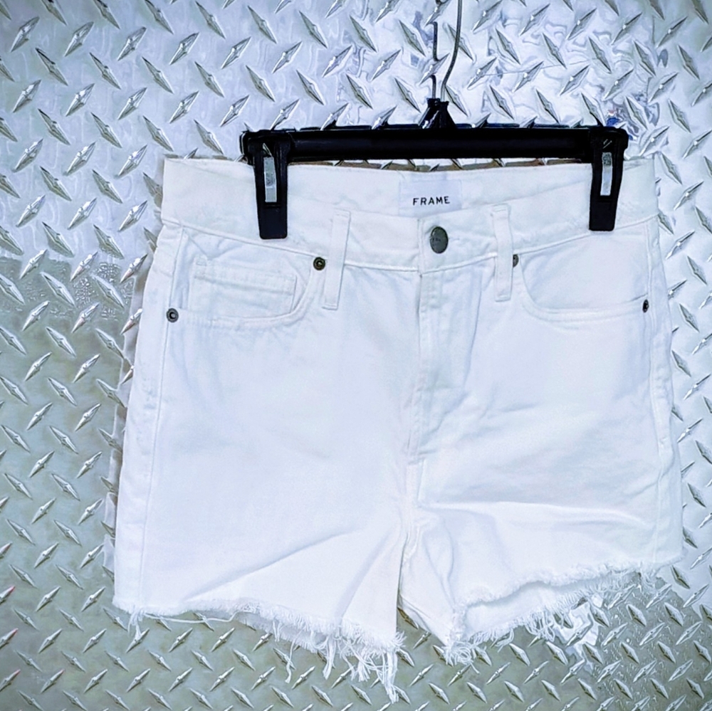 Frame Denim White Frayed Hem Jean Shorts